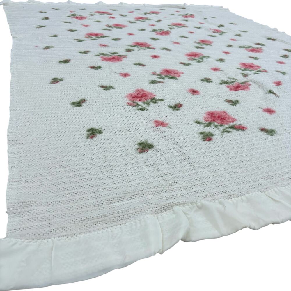Vtg Chatham Thermal Blanket White Pink Rose Floral Satin Trim Cottagecore 83x58